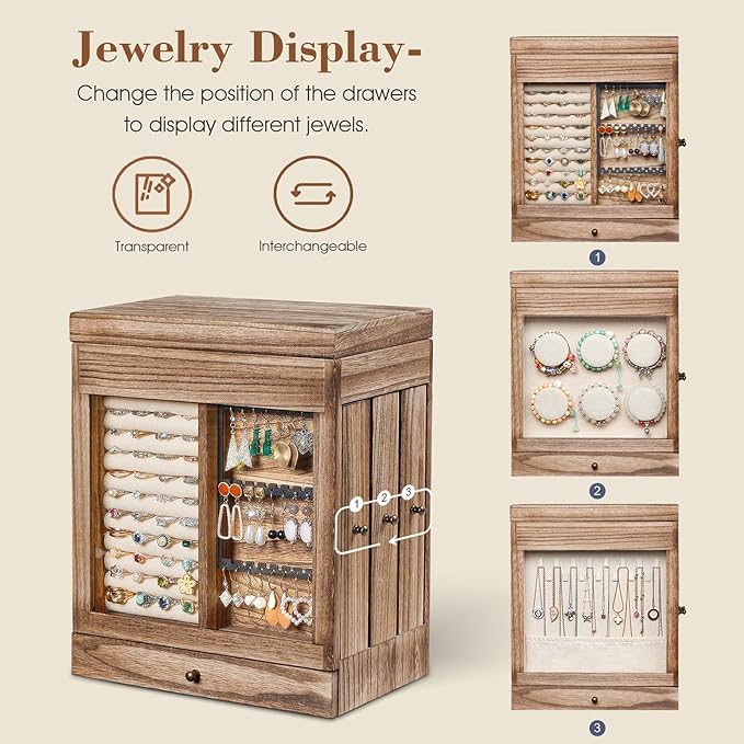 Honiway Jewelry Box for Women, 5 Layer Rustic Wooden Jewelry Organizer with Glass Window, 4 Drawers, Mirror, Large Jewelry Storage Display for Earrings Rings Necklaces Bracelets (Rustic Brown)