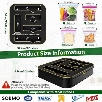 Metal Bag Storage Organizer Kitchen Drawer, Non-Marking Installation of Sandwich Bag Organizer, 5 in 1 Baggie Organizer for Drawer for Gallon, Quart, Snack(Black)