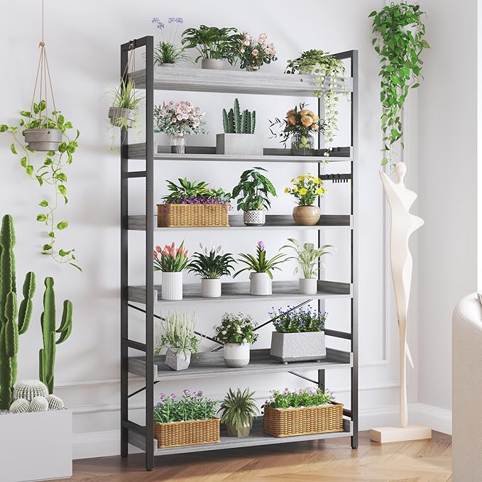 HCHQHS Bookshelf, Adjustable Industrial Bookcase, Vertical Tall Book Shelf, Wood and Black Metal Open Bookshelves for Home Office, Living Room, Bedroom (Grey, 6-Tier (31" W x 70" H))