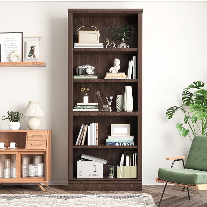 72 in Tall Bookcase, 31.3 in Wide Floor Standing Bookshelf, Open Storage 5-Shelf Bookshelves, Dark Cherry Large Indoor Furniture for Home Office School Library Living Room Bedroom