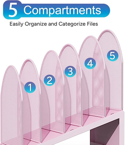 gianotter Desktop File Organizer, Desk Organizer with 5 Compartments, Paper Organizer for Desk, Workspace Organizers for Office Supplies (Pink, Inclined Style)
