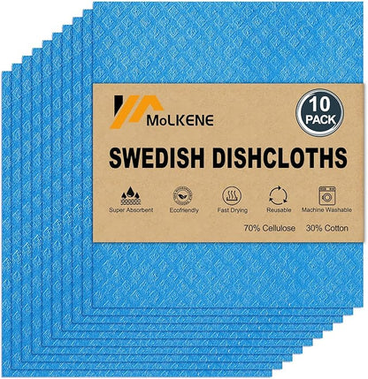 MoLKENE Swedish Dishcloths - 10 Pack Reusable Kitchen Dishcloths - Ultra Absorbent Dish Towels for Washing Dishes - Cellulose Sponge Cloth Cleaning Cloths - Blue