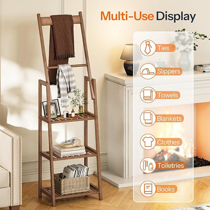 HOOBRO 3 Tier Ladder Shelf, Blanket Ladder, Bookcase Storage Rack Organizer, Bamboo Storage Shelf, Freestanding Shelving Unit, Farmhouse Ladder Rack for Living Room and Bedroom, Mocha MA123CJ01