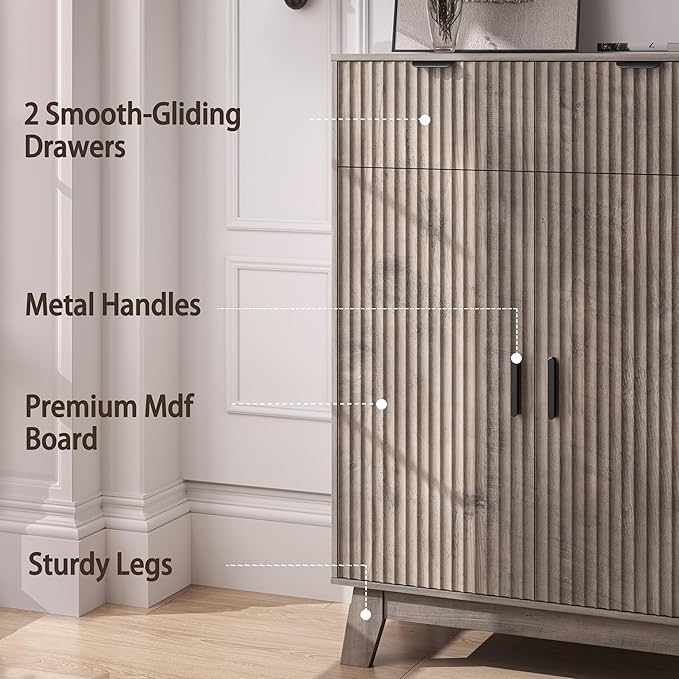 Fluted Shoe Cabinet, 4-Tier Mid Century Modern Narrow Shoe Storage Cabinet with Doors & 2 Drawers, Adjustable Shelves, Freestanding Hidden Shoe Rack Organizer & Wooden Legs for Entryway