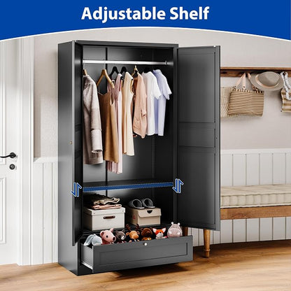 BYNSOE Metal Armoire Wardrobe Closet with 2 Doors 72'' Wardrobe Cabinet with Drawers and Hanging Rail Metal Closet with Adjustable Shelves for Bedroom. (Black, with 1drawer)