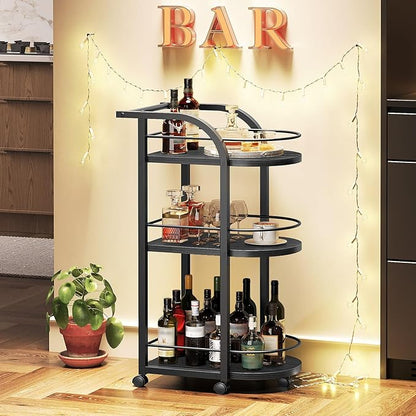 3-Tier Bar Cart, Home Bar Serving Cart with Fence and Wheels, for Dining Room, Living Room, Garden, Party, Black BC06BB