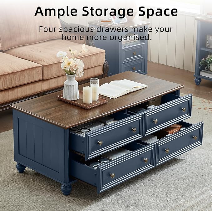48" Farmhouse Coffee Table with Hidden Storage,Wooden Coffee Tables with 4 Drawers & Roman Column Handle,Rectangular Rustic Center Table with Solid Wood Curved Legs for Living Room,Office,Blue