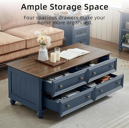 48" Farmhouse Coffee Table with Hidden Storage,Wooden Coffee Tables with 4 Drawers & Roman Column Handle,Rectangular Rustic Center Table with Solid Wood Curved Legs for Living Room,Office,Blue