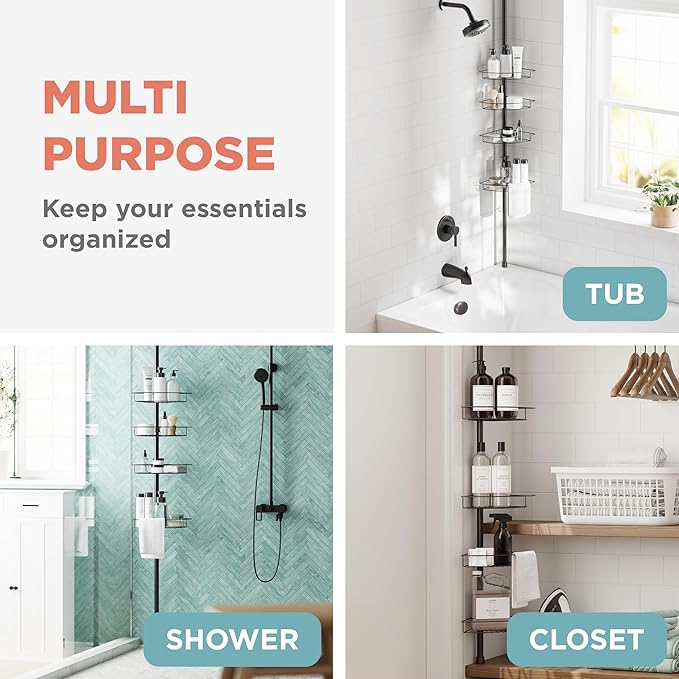 Zenna Home Tension Pole Shower Caddy Corner Organizer, Adjustable Standing Shower Caddy with 4 Baskets and Towel Bar, Rust Resistant Bathroom Tension Rod Organizer, 60 to 97 Inch, Bronze | Adjustable, Built in Towel Bar, Rust-Resistant