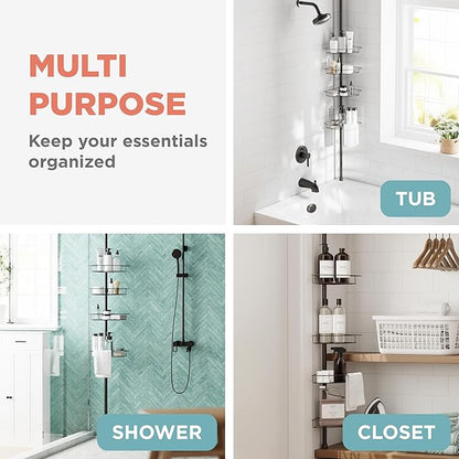 Zenna Home Tension Pole Shower Caddy Corner Organizer, Adjustable Standing Shower Caddy with 4 Baskets and Towel Bar, Rust Resistant Bathroom Tension Rod Organizer, 60 to 97 Inch, Bronze | Adjustable, Built in Towel Bar, Rust-Resistant