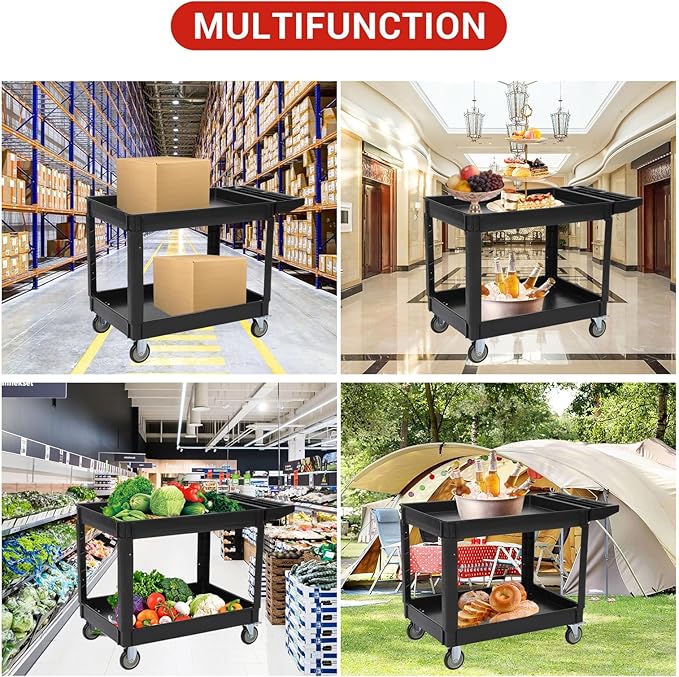 2-Shelf Foldable Utility Cart, 45"X25" Rolling Service Cart with 500LB Capacity, Heavy-Duty Storage Cart with Wheels for Warehouse, Garage, Home Use,Black
