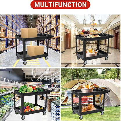 2-Shelf Foldable Utility Cart, 45"X25" Rolling Service Cart with 500LB Capacity, Heavy-Duty Storage Cart with Wheels for Warehouse, Garage, Home Use,Black