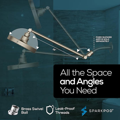 SparkPod Round Rain Shower Head with Shower Head Extension Arm - High Pressure Rain - Luxury Modern Look - No Hassle Tool-less 1-Min Installation (16" Shower Arm Extension, Brushed Nickel Finish)