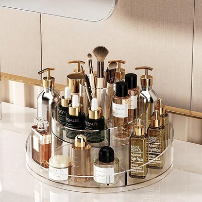 Taiuloo 360 Rotating Makeup Organizer, Clear Acrylic Lazy Susan Cosmetic Storage Turntable for Skincare, Perfume & Lipstick, Round Spinning Tray with Brush Holder for Vanity, Bathroom