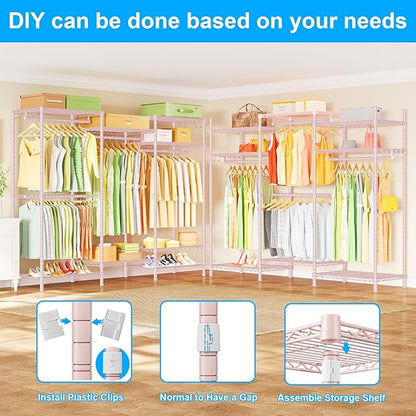 Ulif E13 Heavy Duty Clothes Rack（With 4 Hanger Rods & 8 Shelves） Freestanding Clothing Racks for Hanging Clothes，Adjustable Closet Organizer，Metal Garment Rack 63" W x16 D x77 H，Max Load 900LBS，Pink