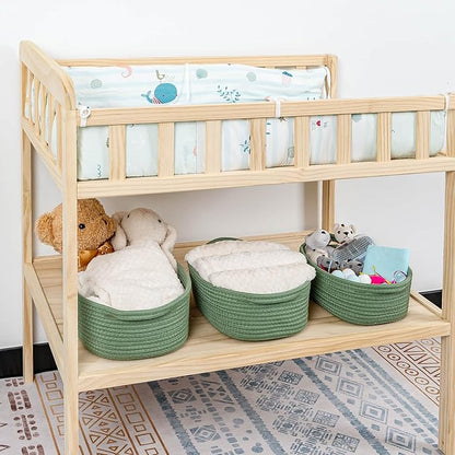 CubesLand Small Cotton Rope Storage Basket Set 5, Shelves Baskets for Organizing with Handle, Decorative Closet Storage Bins for Countertop Toilet Paper Basket for Toilet Tank Top,Green Basket