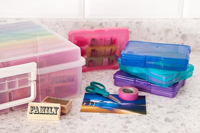 IRIS USA 4" x 6" Photo Storage Box Craft Keeper, Transparent Handle Container with 16 Organization Holder Cases for Pictures, Tasks, Scrapbooking, Ephemera, Stationery Storage, Multi-Color/Clear