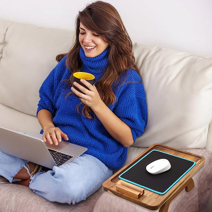 SINWANT Couch Arm Tray, Acacia Wood Sofa Arm Rest Table Clip on Wide Armrest,Folding Anti Slip Couch Armrest Table with 360° Rotating Phone Holder for Snacks,Drinks,Remotes