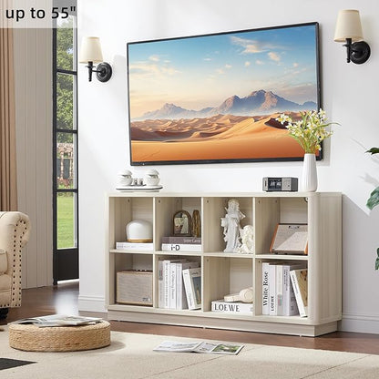 8 Cube Storage Bookcase, 52" Long Horizontal Book Shelf w/Curved Edge, Wood Low 2-Tier Cubby Console Bookshelf with Base, Modern Floor Standing TV Stand for Living Room, Grey-White Cream Oak