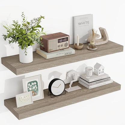 Acovy 36 Inch Floating Shelves, 3D Textured Wood Grain, 36"x9.25"x1.5" Inch Deep Floating Shelves for Wall, Wooden Shelves for Bathroom, Bedroom, Living Room, Vintage Gray Oak, 2 Pieces