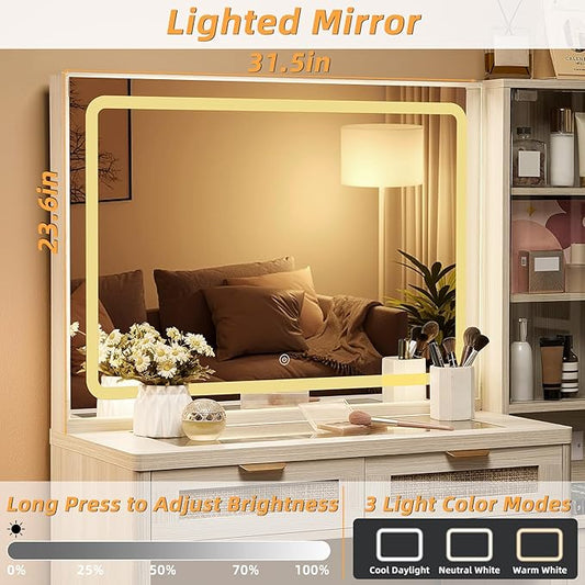 LEYAOYAO Rattan White Vanity Desk with Mirror and Lights, 43.5'' Boho Makeup Vanity with 6 Drawers and Adjustable Shelves, Make Up Vanity Dressing Table with Glass Top and Power Outlet for Bedroom