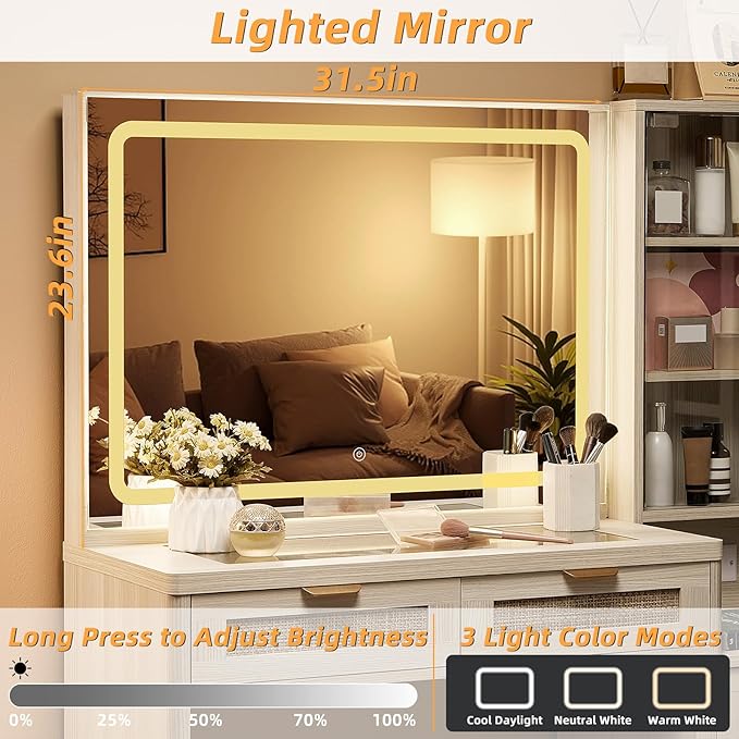 LEYAOYAO White Vanity Desk with Mirror and Lights, 43.5'' Makeup Vanity Set with Stool 6 Drawers and Adjustable Shelves, Rattan Wood Make Up Vanity with Glass Top and Power Outlet for Bedroom