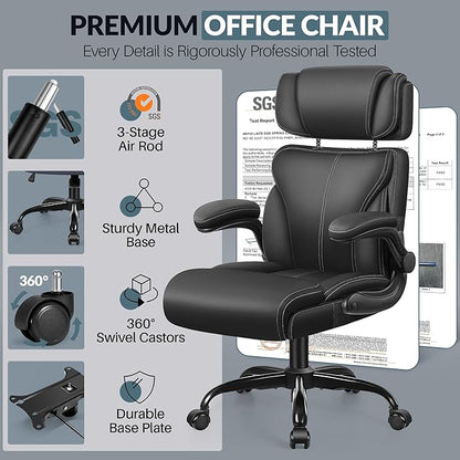 Office Chair, Ergonomic Big and Tall Computer Desk Chair with Retractable Adjustable Headrest, Executive Breathable Leather Chair, Lumbar Support Swivel PC Chair with Flip-up Armrests Rocking Function