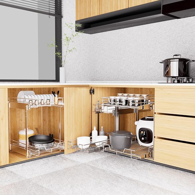 EZKAZA Pull Out Cabinet Organizer 14.5" W x 21" D, 2-Tier Kitchen Cabinet Pullout Shelf and Drawer Organizer Slide Out Pantry Storage Basket, 12.2" W x 21" D x 2.4" H for Bottom Basket Size