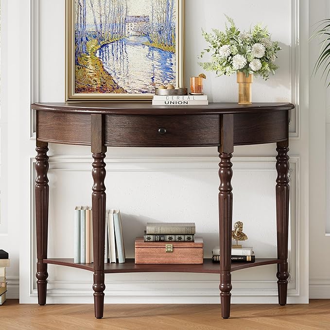 Amposei Small Curved Console Table 39-Inch Retro Farmhouse Wood Entry Sofa Table with Drawer & Storage Shelf for Living Room Hallway Entryway Furniture, Espresso