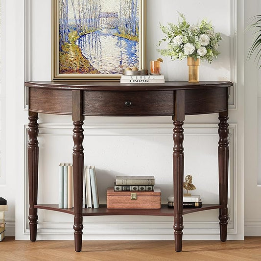 Amposei Small Curved Console Table 39-Inch Retro Farmhouse Wood Entry Sofa Table with Drawer & Storage Shelf for Living Room Hallway Entryway Furniture, Espresso