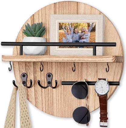 Nekon Key Holder Wall Mount, 11.8 Inch Key Rack with Shelf and 6 Key Hooks, Rustic Key and Mail Organizer, Circular Wooden Key Hanger for Entryway Hallway Kitchen (Wood)
