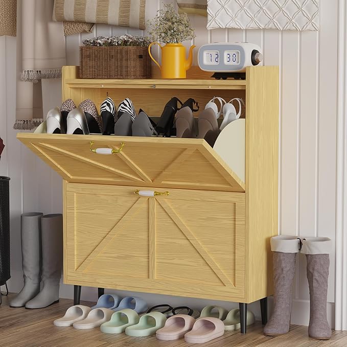 Shoe Storage Cabinet for Entryway with 2 Flip Drawers, Narrow Metal Slim Shoe Cabinet, Freestanding Hidden Shoe Organizer for Foyer, Hallway, Entryway - Wood Color