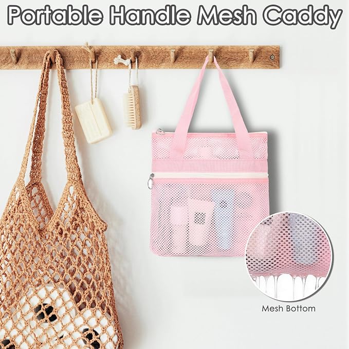 GYEUKHAM Portable Mesh Shower Caddy with 2 Zipper Pockets & Dual Handles, Quick-Drying Hanging Shower Tote for College Dorm, Gym, Travel & Camping, Pink