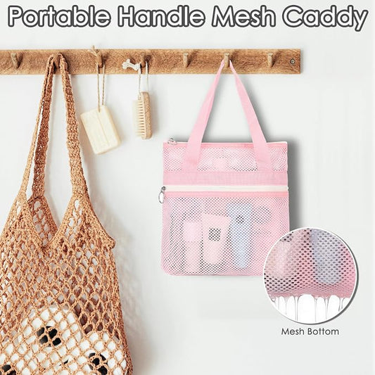 GYEUKHAM Portable Mesh Shower Caddy with 2 Zipper Pockets & Dual Handles, Quick-Drying Hanging Shower Tote for College Dorm, Gym, Travel & Camping, Pink