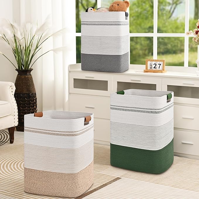 Degeyoyo Laundry Hamper, 85L Tall Laundry Basket with Leather Handles, Rectangle Large Clothes Hamper for Organizing, Cotton Woven Laundry Baskets Storage Hampers for Bedroom, Nursery, Living Room