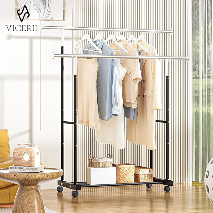 Double Clothing Rack, 130LB Capacity Heavy Duty Garment Rack with Wheels and Bottom Shelf, 55.51 Inch Long Rolling Clothes Racks for Hanging Clothes, Black