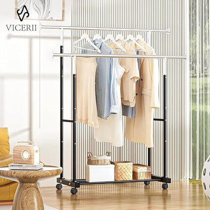 Double Clothing Rack, 130LB Capacity Heavy Duty Garment Rack with Wheels and Bottom Shelf, 55.51 Inch Long Rolling Clothes Racks for Hanging Clothes, Black