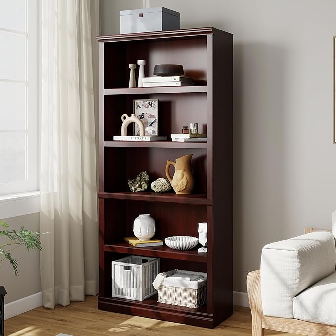 Bookshelf, Open Storage 70 Inch Tall 5 Shelf Bookcase, Floor Standing Bookshelves and Bookcases, Book case for Farmhouse Library Office Bedroom Kids, Mahogany - 5 Tier