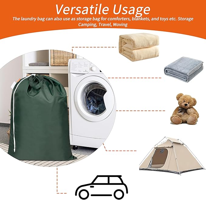 Polecasa 2 Pack Extra Heavy-Duty Laundry Bag 28x36”- Machine Washable Large Storage Bag with Reinforced Handles & Drawstring Closure & ID Tag for College Dorm Travel - Green