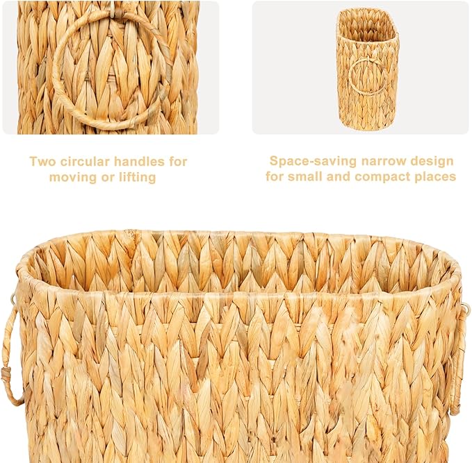 Large Toilet Paper Storage Basket, Wicker Toilet Paper Holder Basket for Bathroom, Natural Water Hyacinth Narrow Basket, Slim Toilet Paper Basket for 6 Mega Rolls, Magazines & Towels