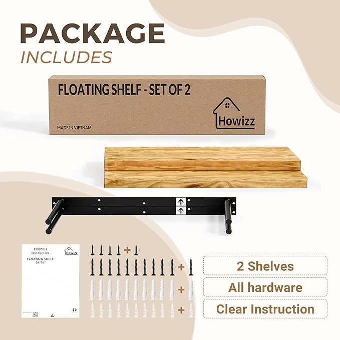 Howizz 24'' Pine Wood Floating Shelves for Wall- Set of 2 - Rustic Wall Mounted Wooden Shelf for Stylish Home Décor - Natural Color - 24x6.5x1.25 Inches, 2pcs