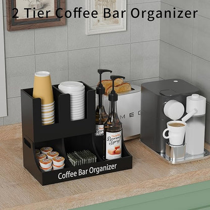 Coffee Station Organizer, Wooden Coffee Bar Organizer for Countertop, Condiment and Cup Storage Organizer, Bar Accessories for Kitchen, Office, Home, Small Black