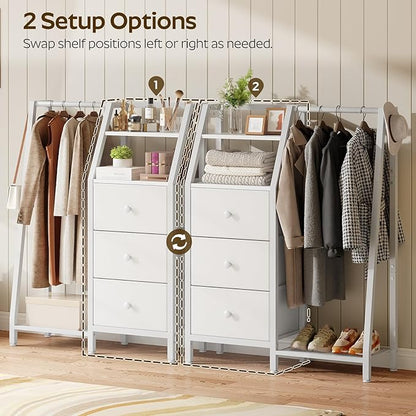 Dresser with Hanging Rack, Reversible Chest of Drawers for Bedroom, 3 Fabric Storage Drawers Dresser with Clothes Rack and Open Shelf, for Closet, Entryway, White