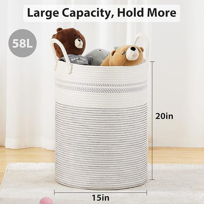 Fiona's magic 58L Woven Rope Laundry Hamper, Tall Boho Laundry Basket Storage, Large Baby Nursery Hamper for Blankets, Toys and Clothes Hamper for Bedroom and Living Room Organizing, Jute, White