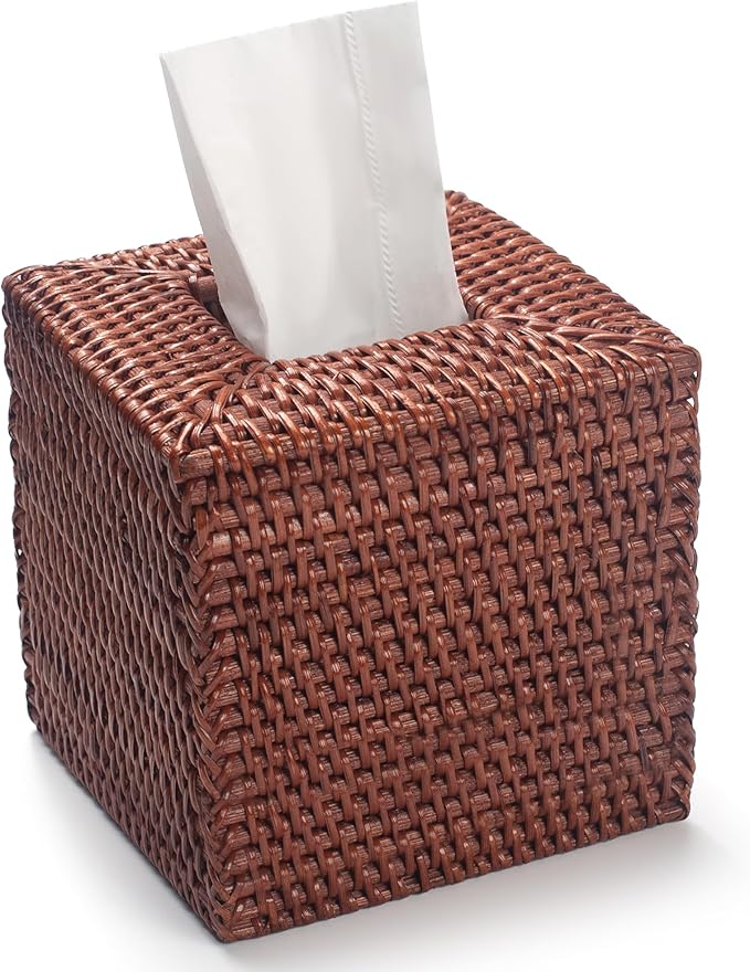 2 Pack Square Rattan Tissue Box Cover, Hand Woven Wicker Tissue Holder, 5.5 x 5.5 X 5.7 inches, Brown