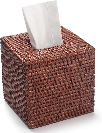 2 Pack Square Rattan Tissue Box Cover, Hand Woven Wicker Tissue Holder, 5.5 x 5.5 X 5.7 inches, Brown