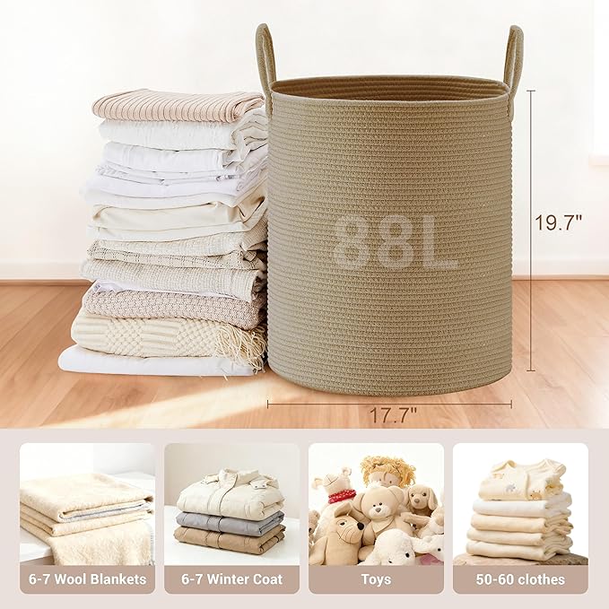 SunNewt Tall Laundry Basket with Handles, 88L Portable Dirty Clothes Hamper, Boho Cotton Rope Storage Bin for Blankets Kids Toys Gifts, Large Organizer for Baby Nursery Bedroom Bathroom, Jute