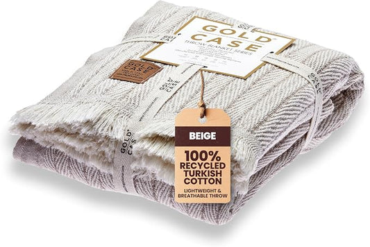 Gold Case Throw Blanket for Couch - 100% Recycled Turkish Cotton Blankets & Throws - Vintage Soft Throw Blankets for Living Room - Boho Decorative Woven Couch Blanket - 50x60 - Beige