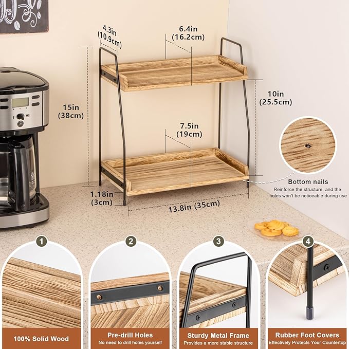 ANBOXIT Countertop Coffee Station Organizer, 2 Tier Wooden Shelf for Coffee Bar Accessories, Condiment Storage Caddy for Kitchen, Home, Office - Brown