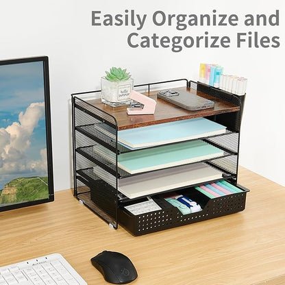 Wood Desk Organizer and Accessories, 5-Tier Paper Letter Tray Organizer with Drawer & 2 Pen Holders for Desktop File Organization, Office Desk Accessories for Supplies Storage (Wood)